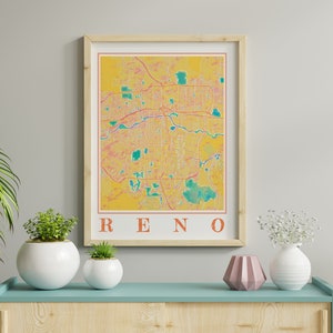 Cartaz do mapa de Reno em aquarela de Reno Nevada Mapa de Reno Arte de parede de Reno Presente de pintura da cidade de Reno