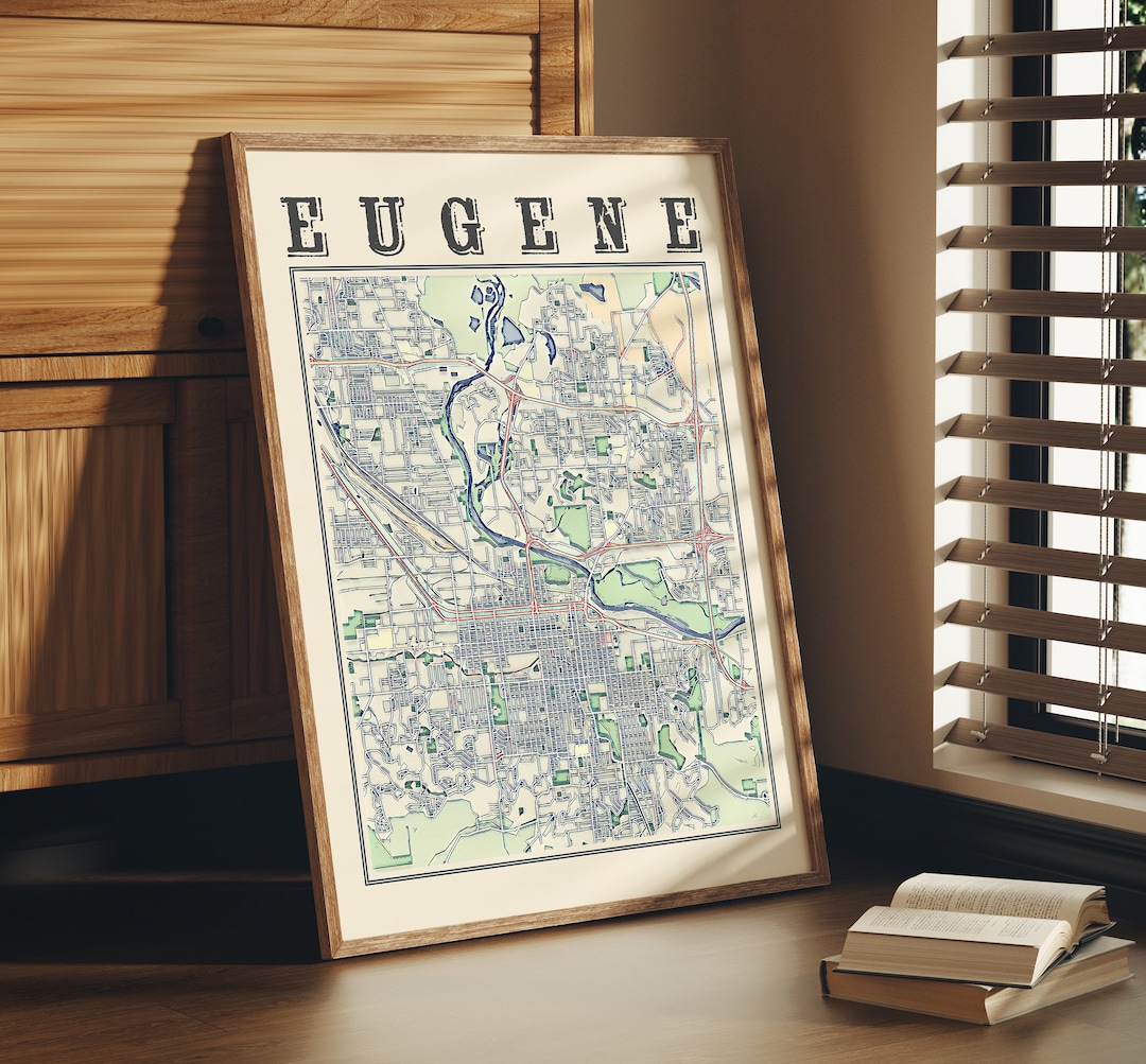 Antique Eugene Map Poster of Eugene Oregon Vintage Home Décor of Eugene