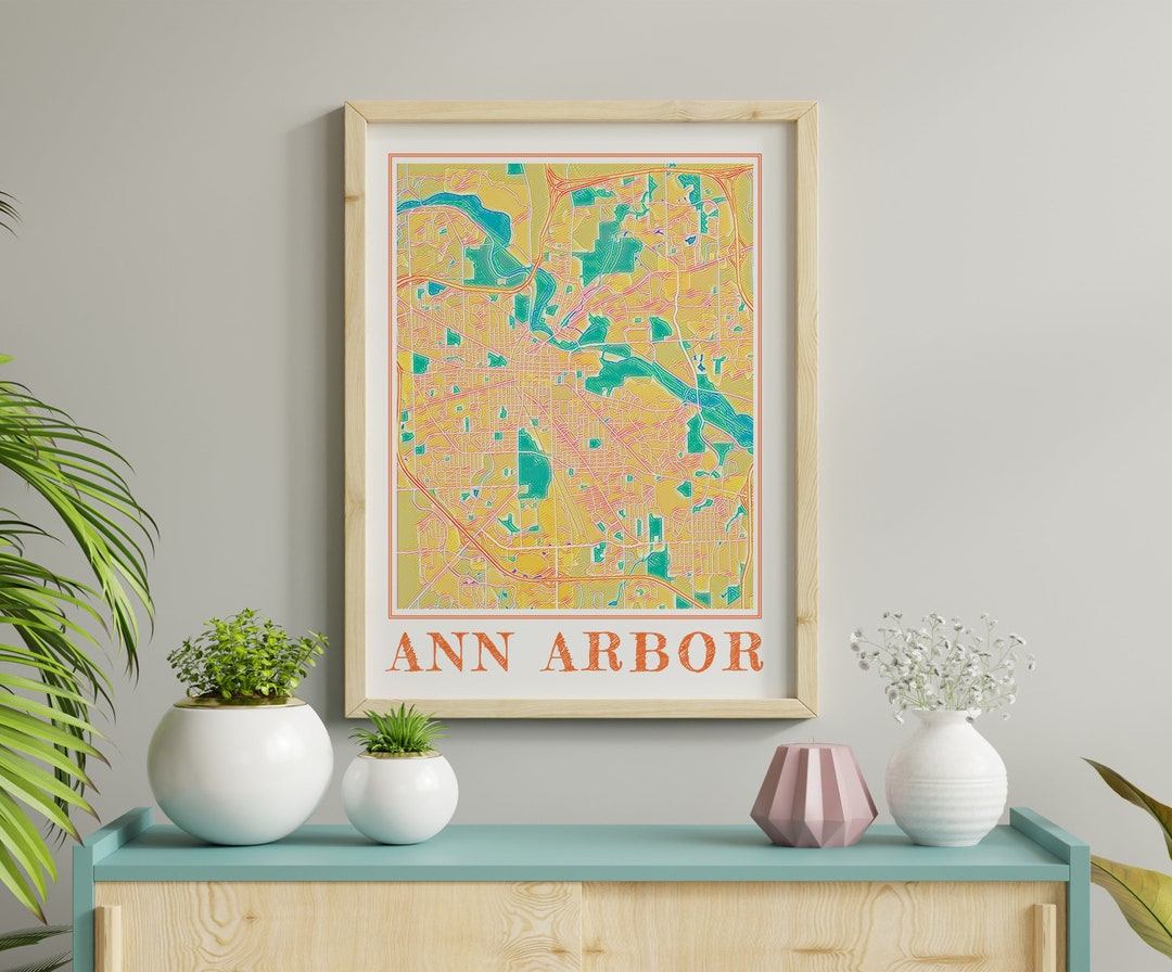 Watercolor Ann Arbor Map Poster of Ann Arbor Wall Art of Michigan Map ...
