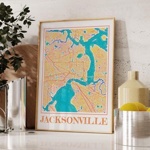 Aquarel kaart van Jacksonville poster | Muurkunst Jacksonville FL | Uniek Jacksonville-cadeau | Kaart afdrukken Florida