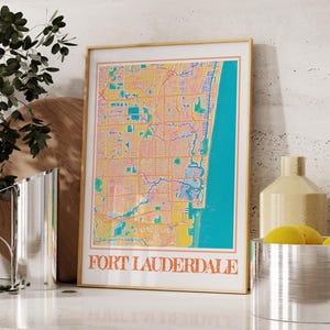 Poster aquarelle de carte de Fort Lauderdale - art mural carte de la Floride, impression de la ville de Fort Lauderdale en Floride, cadeau de décoration intérieure côtière