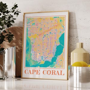 Poster carte aquarelle Cape Coral - art mural Floride, impression de la ville de Cape Coral, décoration d'intérieur côtière, cadeau unique en Floride, peinture de l'île