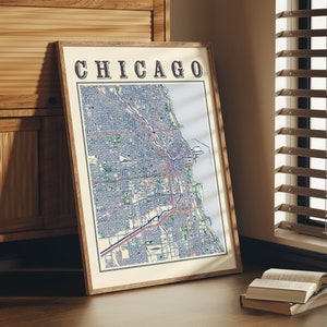 Affiche de carte de Chicago antique de Chicago Illinois Carte classique de Chicago Impression de Chicago Wall Art of Chicago Gift