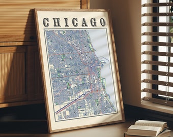 Antique Chicago Map Poster of Chicago Illinois Classic Map of Chicago Print of Chicago Wall Art of Chicago Gift