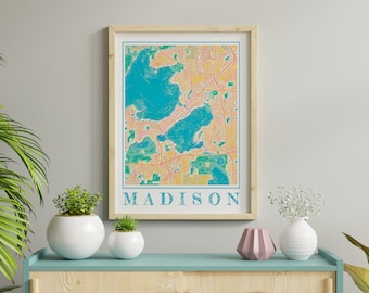 Poster della mappa di Madison dell'acquerello del Wisconsin Madison Mappa di pittura a colori di Madison Stampa di Madison Wall Art of Madison Gift