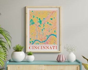 Watercolour Cincinnati Map Poster, Ohio City Wall Art Gift