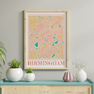 Aquarel Birmingham kaart poster van Birmingham Alabama kaart van Birmingham kunst aan de muur van Birmingham geschenk van Birmingham City schilderij