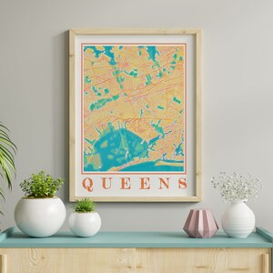 Affiche de carte des reines en aquarelle, carte de New York, Art mural des reines, cadeau de la peinture de la ville des reines
