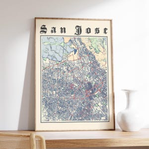 Stampa della mappa d&#39;epoca di San Jose: arte classica della città della California