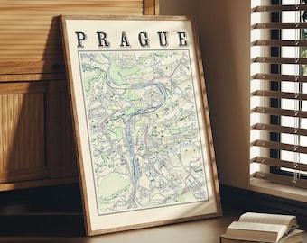 Antieke kunstdruk kaart Praag: stadssouvenir Tsjechië