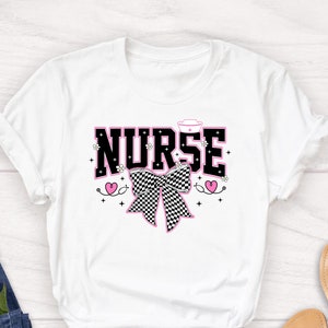 Coquette Nurse T-Shirt: Floral Checkered Bow, Nurse Appreciation Gift
