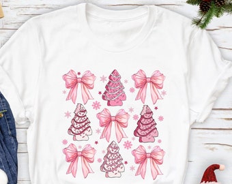 Pink Coquette Christmas T-Shirt: Bows & Tree Cake Graphic Tee