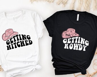 Retro Western Bachelorette Party T-Shirt: Getting Hitched, Getting Rowdy
