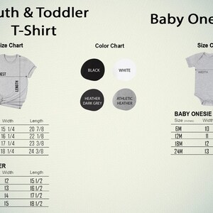 K&ouml;nnte beinhalten: Gr&ouml;&szlig;entabelle f&uuml;r T-Shirts f&uuml;r Kinder und Kleinkinder sowie Baby-Bodys. Die Tabelle zeigt die Gr&ouml;&szlig;en in Zoll und enth&auml;lt Ma&szlig;e f&uuml;r Breite und L&auml;nge. Die Farbtabelle zeigt die verf&uuml;gbaren Farben: Schwarz, Wei&szlig;, Dunkelgrau meliert und Athletik meliert.