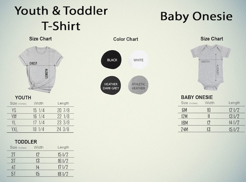 K&ouml;nnte beinhalten: Gr&ouml;&szlig;entabelle f&uuml;r T-Shirts f&uuml;r Kinder und Kleinkinder sowie Baby-Bodys. Die Tabelle zeigt die Gr&ouml;&szlig;en in Zoll und enth&auml;lt Ma&szlig;e f&uuml;r Breite und L&auml;nge. Die Farbtabelle zeigt die verf&uuml;gbaren Farben: Schwarz, Wei&szlig;, Dunkelgrau meliert und Athletik meliert.