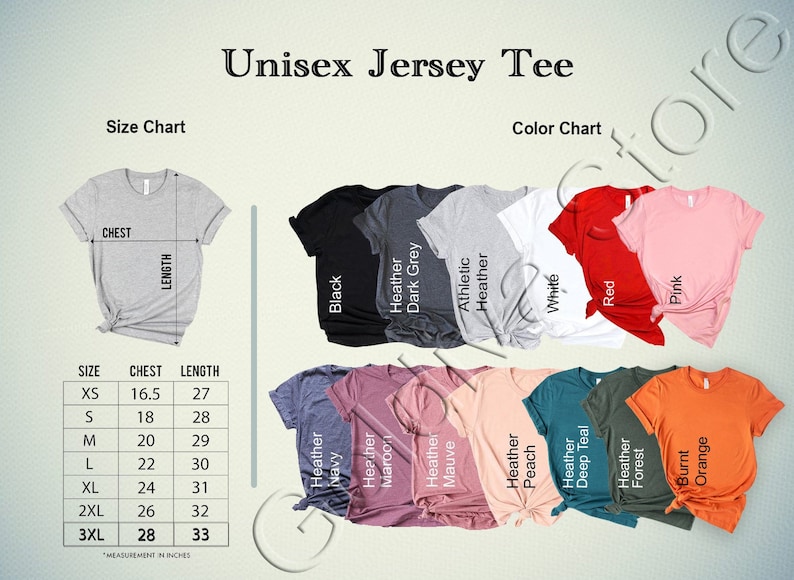 May include: Size chart and color chart for unisex jersey t-shirts. The chart shows different sizes with corresponding chest and length measurements in inches. The color chart shows a variety of colors, including black, heather, dark grey, athletic heather, white, red, pink, heather navy, heather maroon, heather mauve, heather peach, deep teal, heather forest, burnt orange.