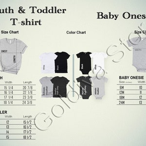 May include: Size chart for youth and toddler t-shirts and baby onesies. The chart shows sizes in inches and includes measurements for chest, width, and length. The color chart shows five colors: white, black, athletic heather, dark grey heather, and heather grey.