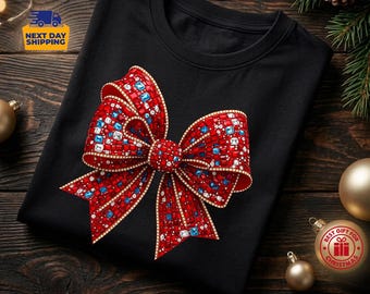 Christmas Bow Shirt: Red Rhinestone Holiday Graphic Tee