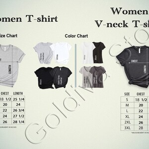 May include: Size chart for a women's t-shirt and v-neck t-shirt. The chart shows the chest and length measurements in inches for sizes S, M, L, XL, 2XL, and 3XL. The color chart shows the t-shirts in white, black, athletic heather, and dark grey heather.