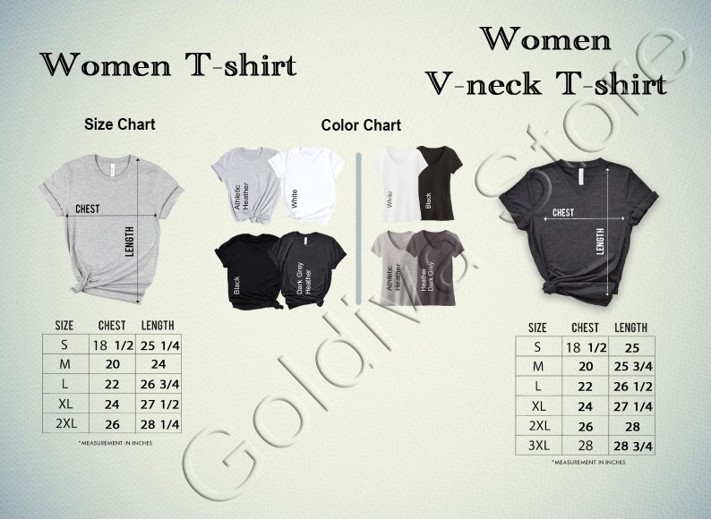 May include: Size chart for a women's t-shirt and v-neck t-shirt. The chart shows the chest and length measurements in inches for sizes S, M, L, XL, 2XL, and 3XL. The color chart shows the t-shirts in white, black, athletic heather, and dark grey heather.