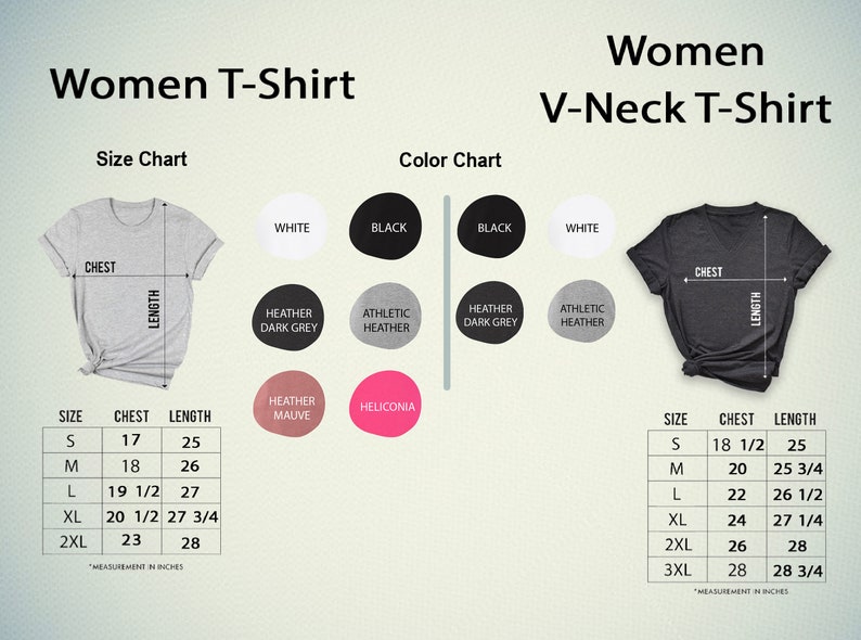 K&ouml;nnte beinhalten: Gr&ouml;&szlig;entabelle f&uuml;r ein Damen-T-Shirt und ein Damen-V-Ausschnitt-T-Shirt. Die Tabelle zeigt die Brust- und L&auml;ngenma&szlig;e in Zoll f&uuml;r die Gr&ouml;&szlig;en S, M, L, XL, 2XL und 3XL. Die Farbtabelle zeigt die verf&uuml;gbaren Farben: Wei&szlig;, Schwarz, Heather Dark Grey, Athletic Heather, Heather Mauve und Heliconia.