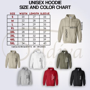 May include: Unisex hoodie size and color chart with measurements in inches. The chart shows sizes S through 5XL with corresponding width, length, and sleeve measurements. The chart is accompanied by images of hoodies in various colors, including sand, white, military green, sport grey, cardinal red, and black.