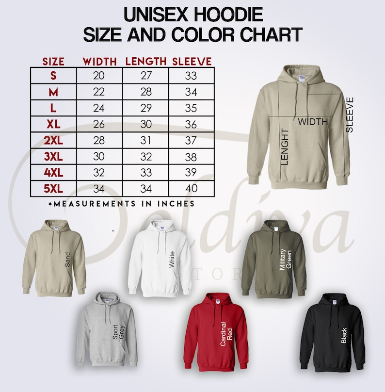 May include: Unisex hoodie size and color chart with measurements in inches. The chart shows sizes S through 5XL with corresponding width, length, and sleeve measurements. The chart is accompanied by images of hoodies in various colors, including sand, white, military green, sport grey, cardinal red, and black.