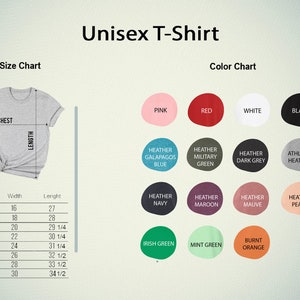 K&ouml;nnte beinhalten: Unisex-T-Shirt Gr&ouml;&szlig;entabelle mit Ma&szlig;en in Zoll und eine Farbkarte mit 15 verschiedenen Farboptionen. Die Farboptionen umfassen Pink, Rot, Wei&szlig;, Schwarz, Heather Galapagos Blau, Heather Milit&auml;rgr&uuml;n, Heather Dunkelgrau, Athletic Heather, Heather Navy, Heather Maroon, Heather Mauve, Heather Peach, Irisch Gr&uuml;n, Mintgr&uuml;n und Burnt Orange.
