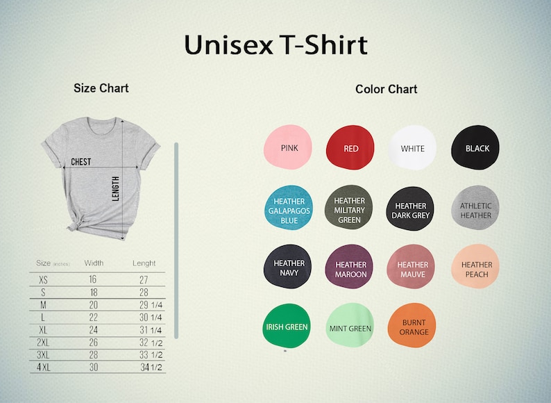 K&ouml;nnte beinhalten: Unisex-T-Shirt Gr&ouml;&szlig;entabelle mit Ma&szlig;en in Zoll und eine Farbkarte mit 15 verschiedenen Farboptionen. Die Farboptionen umfassen Pink, Rot, Wei&szlig;, Schwarz, Heather Galapagos Blau, Heather Milit&auml;rgr&uuml;n, Heather Dunkelgrau, Athletic Heather, Heather Navy, Heather Maroon, Heather Mauve, Heather Peach, Irisch Gr&uuml;n, Mintgr&uuml;n und Burnt Orange.