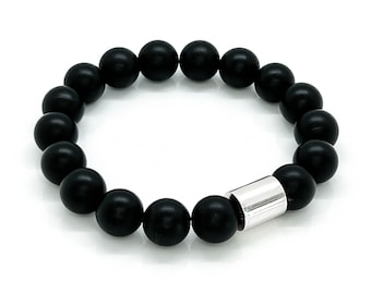 12mm Matte Black Onyx Bracelet - natural Black Onyx & 925 Sterling Silver Beaded Bracelets