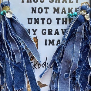 Custom Denim Tassel Earrings, Boho Fringe Statement Jewelry, Gift for Her, Wedding, Graduation, Vacation, Lightweight Upcycled Blue Earrings