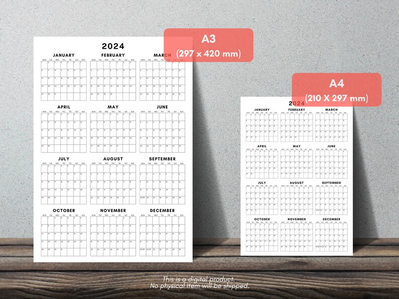 2024 Calendar Printable, Year at a Glance 2024 Calendar, Single Page