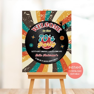 Cartel de bienvenida para fiesta de los 70 / Decoración retro para fiesta de cumpleaños / Póster de bienvenida imprimible / Póster de fiesta de los 70 / Descarga instantánea