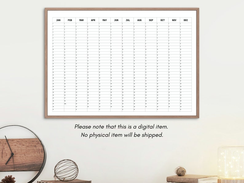 Blank Yearly Calendar, Printable Perpetual Calendar, Large Single Page Undated Year at a Glance ...
