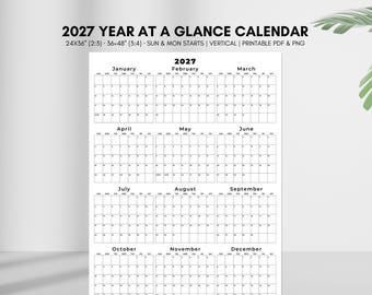 May include: A 2027 year at a glance calendar featuring a vertical layout with twelve monthly grids. The text reads 2027 YEAR AT A GLANCE CALENDAR, 24x36 (2:3), 36x48 (3:4), SUN & MON STARTS, VERTICAL, PRINTABLE PDF & PNG. The design is black and white.