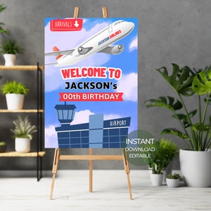 Airlines Birthday Party Welcome Sign, Aviation Airplane Pilot Birthday Party Decoration, Editable Printable Welcome Sign Digital Template