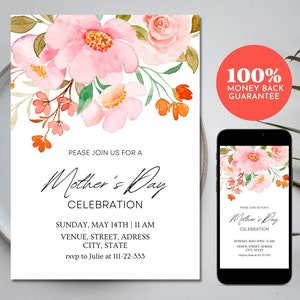 Mother's Day Invitation | Editable Mother's Day Brunch Invitation | Floral Mother's Day Invite | Mother's Day Celebration |  5"x7" & Phone