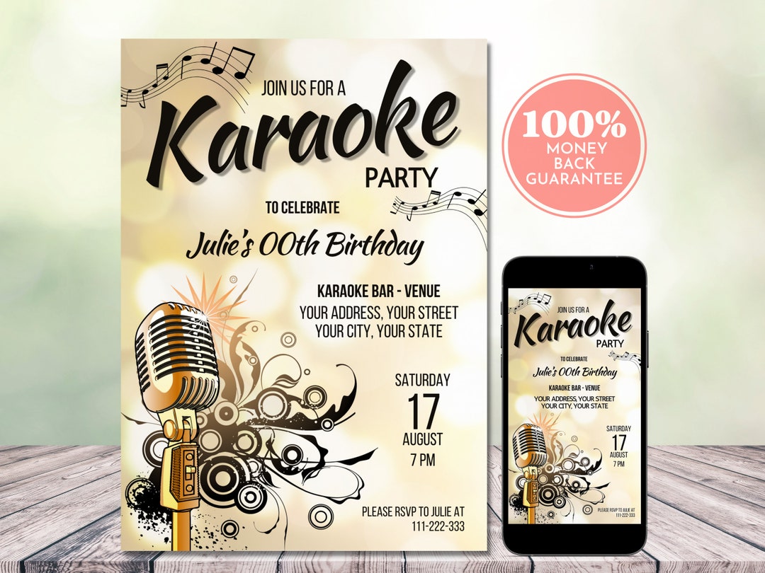Karaoke Birthday Party Invitation, Golden Microphone Karaoke Party