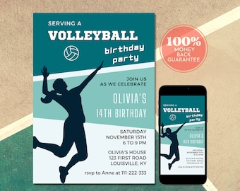 Volleyball Birthday Invitation for Girls, Editable Digital Template