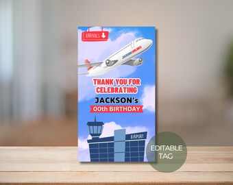 Dankeschön-Anhänger im Flugzeug-Design: Bearbeitbares Gastgeschenketikett im Flugzeug-Design