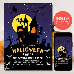 Editable Digital Halloween Party Invitation Template, Halloween Invitation, Haunted House Costume Party Invite, Print or Text