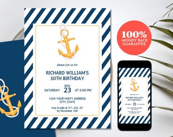Navy Blue Anchor Birthday Invitation: Sailor Cruise Party (Digital Template)