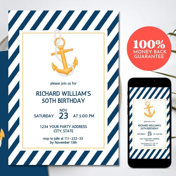 Invitación de cumpleaños náutica, invitación de fiesta de cumpleaños del capitán del crucero del barco del océano del marinero del ancla azul marino, plantilla digital editable