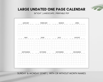 Blank Yearly Calendar, Large Perpetual Calendar, Undated Year at a Glance Planner, 12 Months Landscape Printable Calendar, Instant Download