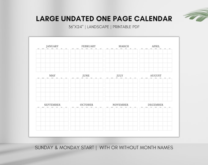 Undated Year Calendar Printable & Fillable, Year at a Glance, Year on ...