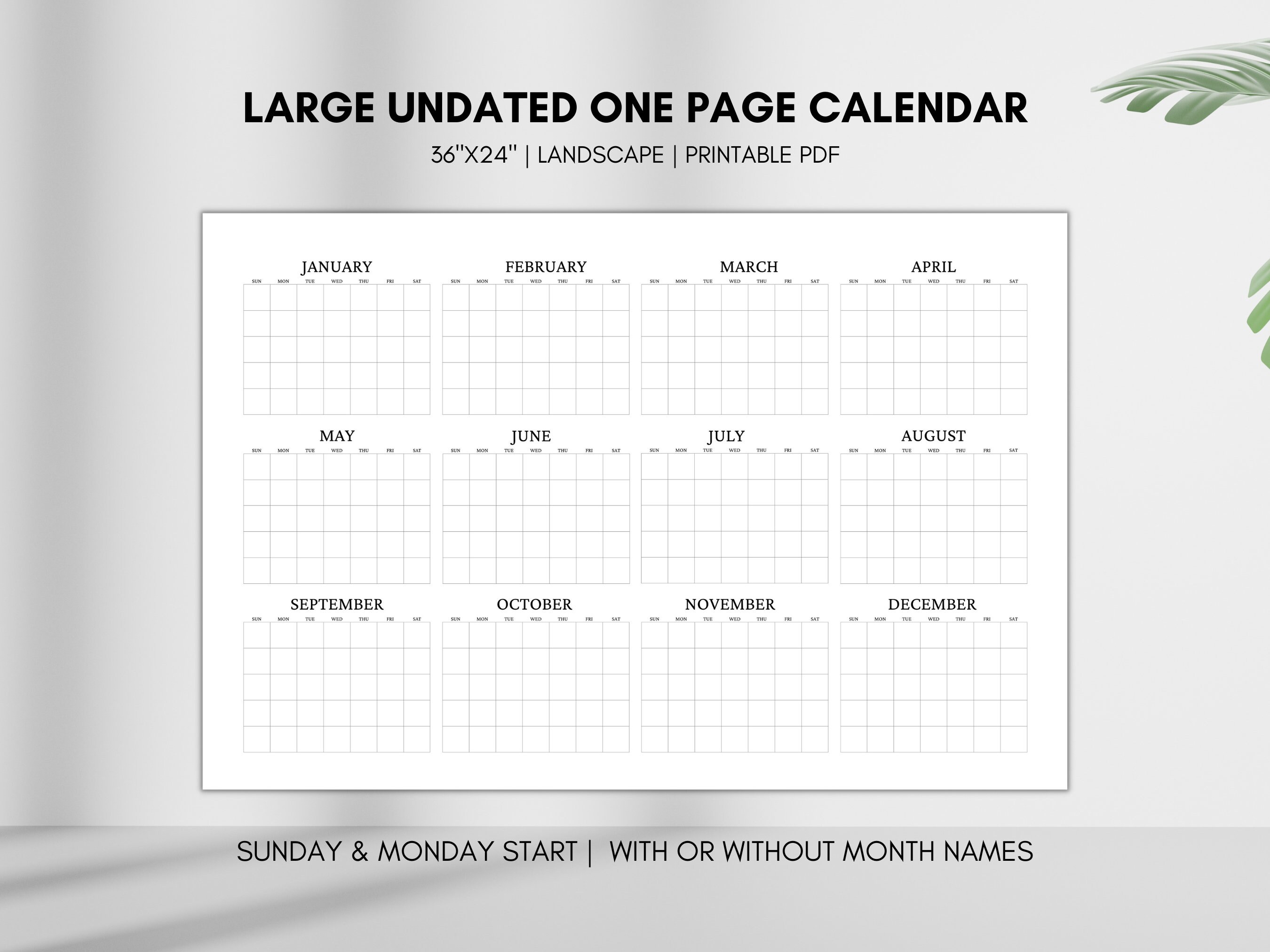 Blank Yearly Calendar, Large Perpetual Calendar, Undated Year at a Glance Planner, 12 Months ...