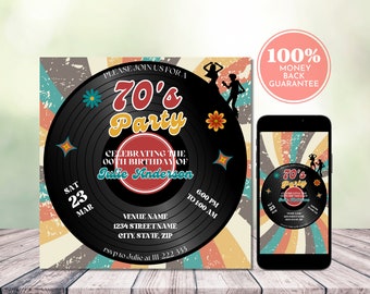 70s Vinyl Record Party Invitation: Retro Disco Theme (Editable Digital Template)