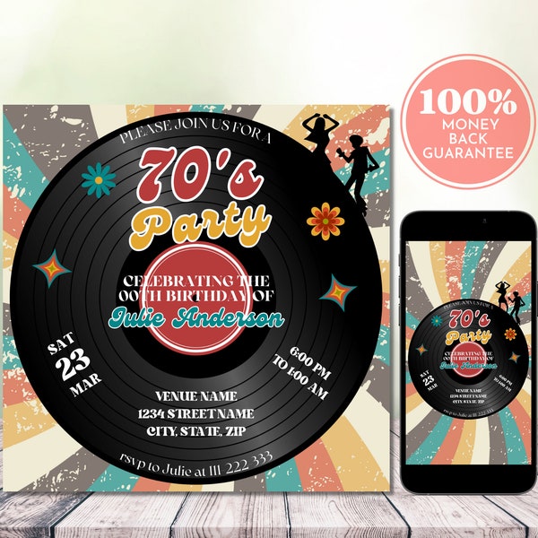 Vinyl Track 70s Party Invitation, 70s Birthday Party Invitation, 70's Party Invite, Editable Digital Retro Dance Party Invitation Template