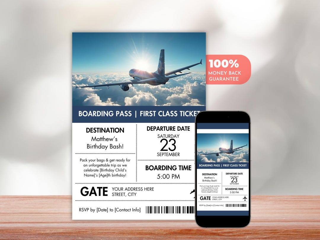 Boarding Pass Birthday Invitation Template, Airplane First Class Ticket ...