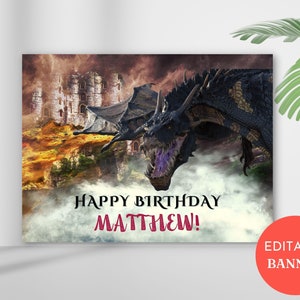 Editable Dragon Birthday Party Banner, Personalized Happy Birthday Poster, Digital Download Birthday Party Printable Poster, 40"x30"